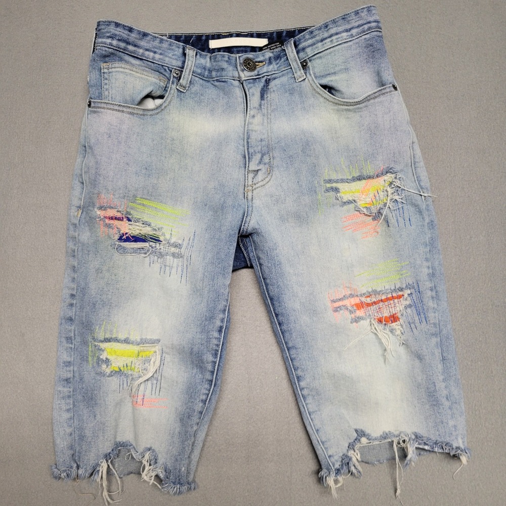 Kloud 9 Mens 30 Distressed Denim Jean Shorts Light Wash Neon Embroidery Colorful